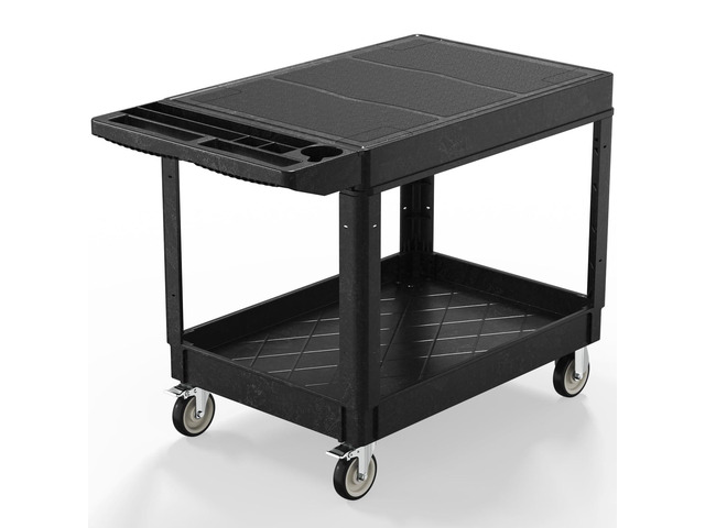 Plastic Utility Cart on Wheels, Large Flat Top Rolling Service Cart-Black 46 x 25 Inch 2 Shelf Work Carts, 500 lbs Capacity Heavy Duty Tool Cart...