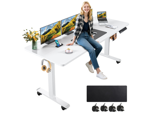 Electric Standing Desk Adjustable Height, 63x24 Inches Stand up Desk with Rolling Wheels, Mouse Pad,Home Office Writing Gaming Computer Workstation...