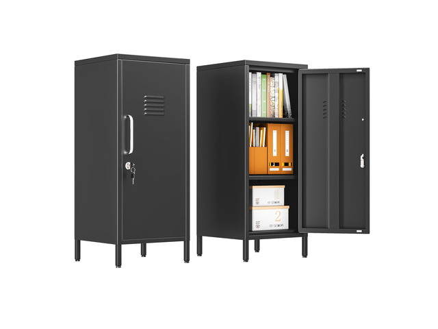 35.43' Black Lockable Small Metal Storage Locker 1 Door & 2 Adjustable Shelves, Steel Cabinet for Employees, Home, School, Office & Gym