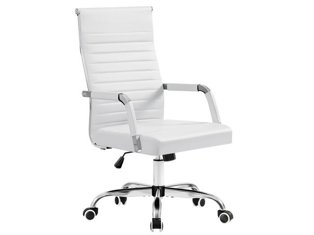 Ergonomic Office Desk Chair, Executive Ribbed Mid-Back PU Leather Conference Room Chair Adjustable Swivel Chair with Arms (1, White)
