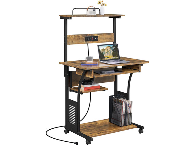 Small 3-Tier Rolling Computer Desk, Power Outlet, Rustic Brown Engineered wood tiers and metal frame suit small spaces, holding a monitor,...