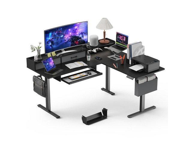63 Inches L Shaped Standing Desk with Keyboard Tray and 2 Drawers, L Shaped Electric Standing Desk, Adjustable L Shaped Office Desk,Corner Standing...