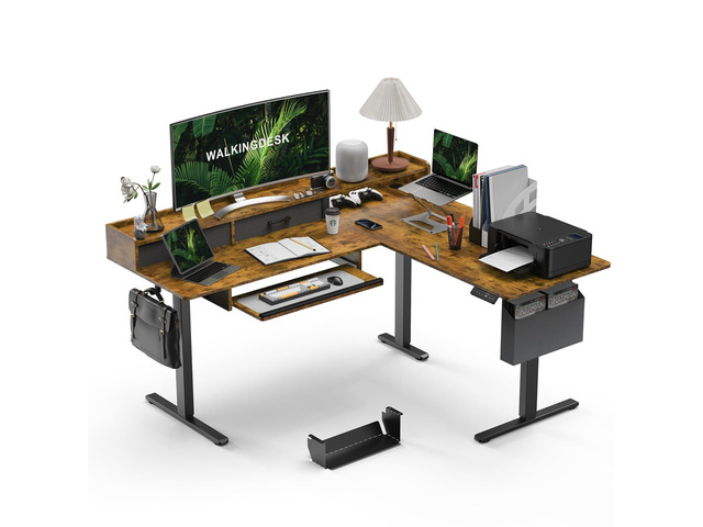 63 Inches L Shaped Standing Desk with Keyboard Tray and 2 Drawers, L Shaped Electric Standing Desk, Adjustable L Shaped Office Desk,Corner Standing...