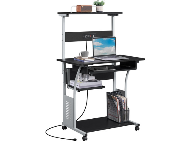 Small 3-Tier Rolling Computer Desk, Power Outlet, Black Engineered wood tiers and metal frame suit small spaces, holding a monitor, printer, and...