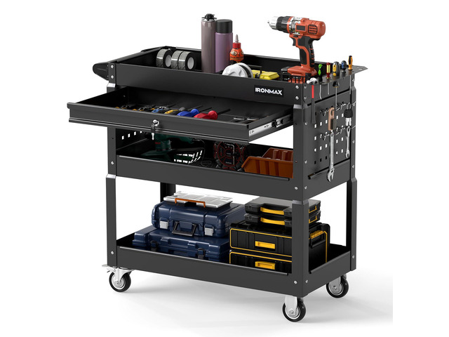 3 Tier Rolling Tool Cart with Lockable Drawer, Heavy Duty Metal Utility Cart on Wheels with Pegboards & Hooks, Mechanic Tool Storage Organizer for...