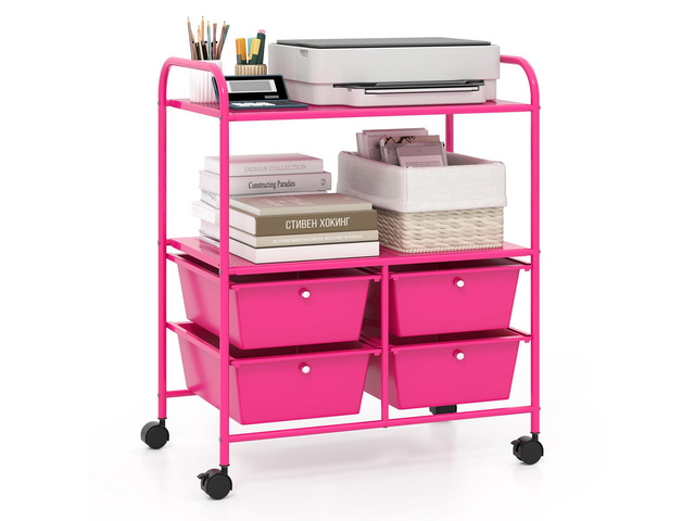 Rolling Storage Cart w/ 4 Drawers 2 Shelves Metal Rack Shelf Home Office School Beauty Salon Utility Organizer Cart with Wheels, Hot Pink