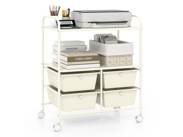Rolling Storage Cart w/ 4 Drawers 2 Shelves Metal Rack Shelf Home Office School Beauty Salon Utility Organizer Cart with Wheels, Ivory