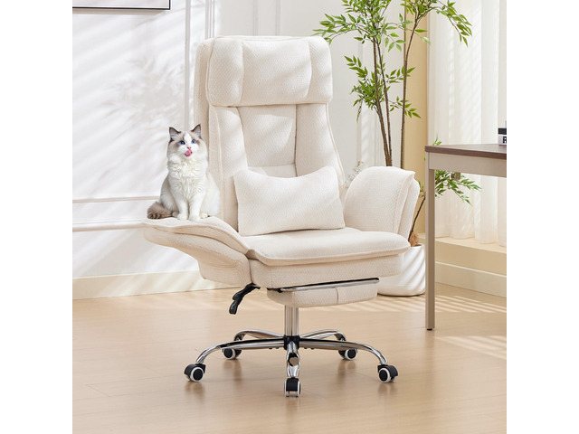 Big and Tall Cross Legged Office Chair with Flip Armrests and Foot Rest Off-White Executive Ergonomic Gaming Computer Chair, Chenille Fabric for...