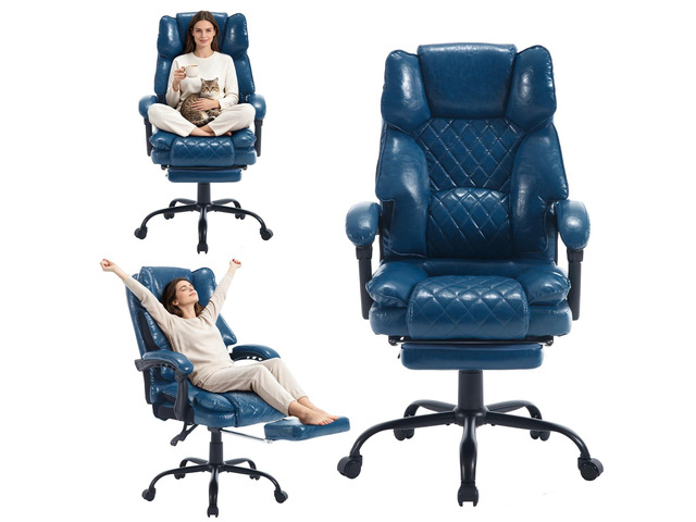 Reclining Ergonomic Office Chair with Footrest, Blue Big Tall Recliner Executive Desk Chair, Lumbar Support, 400lbs, Heavy Duty, Vintage Leather,...