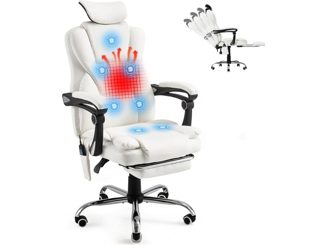 Massage and Heat Office Chair with 7 Points, Ergonomic Reclining Office Chair Executive Home Desk Chair w/Retractable Footrest & Headrest, Cream...