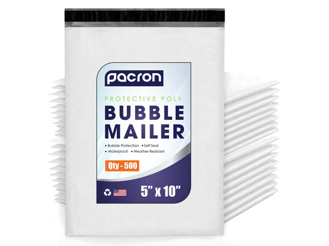 Waterproof Self-Seal Padded Poly Bubble Mailers 5x10, 500-Pack Ideal for jewelry, cosmetics, SD cards, USB cables & accessories. Tear-resistant,...