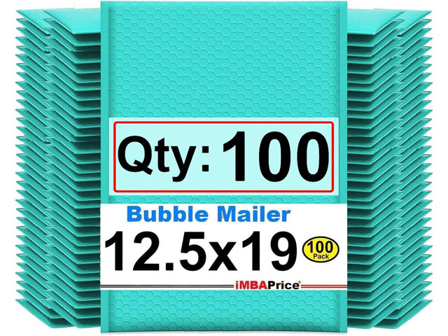 Teal Poly Bubble Mailers 12.5x19 Inch #6, 100-Pack Large Padded Shipping Envelopes, Self-Seal Opaque Cushioned Mailing Bags for Clothing, Books &...