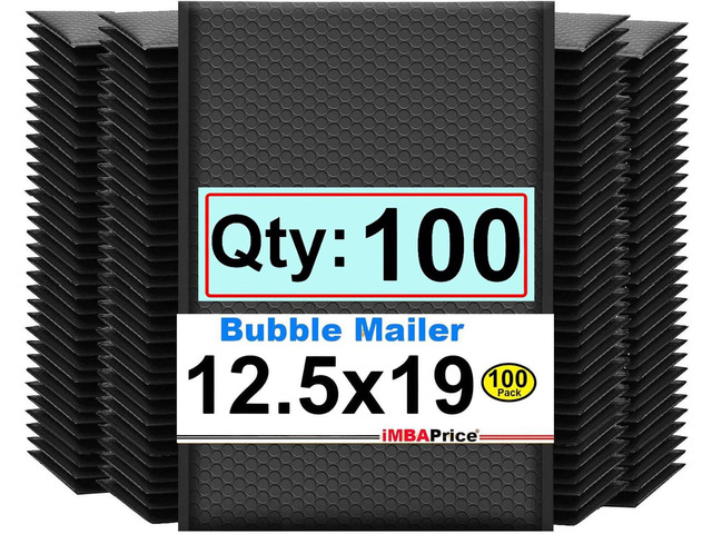12.5x19 Inch Black Poly Bubble Mailers #6, 100-Pack Large Padded Shipping Envelopes with Self-Seal Adhesive Bags for Clothing, Non-Fragile...
