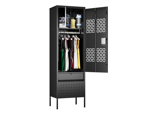 72-Inch Metal Locker with Hanging Rod and Interior Box, Black 72'H x 21.7'W x 15.8'D locker with a hanging rod, ventilated door, interior box,...