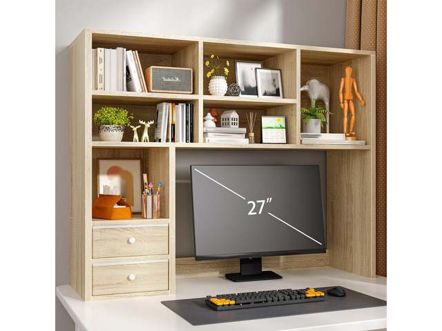 Desk Hutch, 7 Shelves and 2 Drawers, Adjustable Shelf, Natural Small Space Organizers, Anti-Tip for Secure Stability