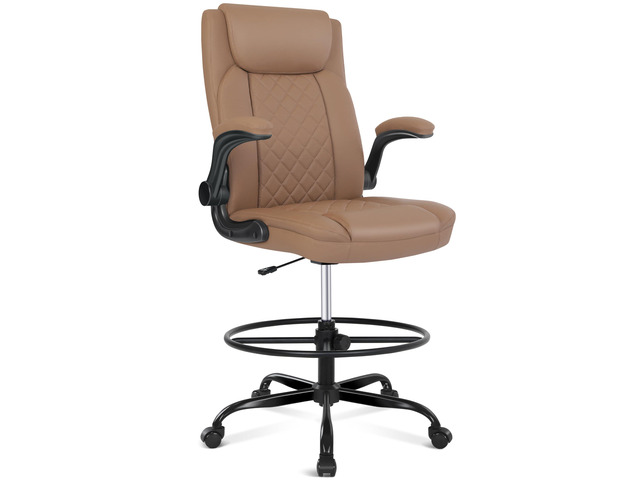 Drafting Chair, Tall Office Chair for Standing Desk, Standing Chair with Adjustable Height and Flip-up Armrest, Leather Drafting Chair, High Office...