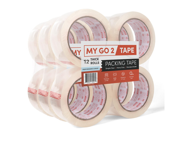 My Go 2 Heavy Duty Packing Tape, 12 Pack, 60 Yard Rolls, Clear, 2.7 MIL, Carton Tape Refill for Shipping, Mailing, Packaging and Moving