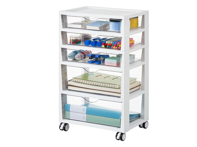 5-Tier Plastic Drawer Storage Rolling Cart with Wheels Clear Drawers with Multiple Sizes Keep Supplies visible. Sturdy for Under Desk, Office,...