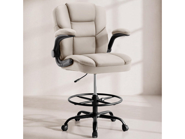 Drafting Chair 500Lbs, Tall Office Chair for Standing Desk, High PU Leather Executive Office Chair with Flip-up Armrests, Ergonomic High Chair with...