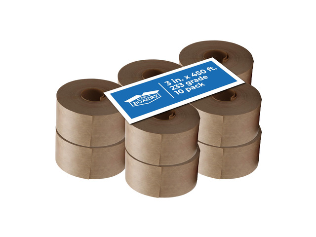 Water Activated Kraft Fiberglass Reinforced Packing Tape, 3x450 - 233 Grade- (10 Rolls Included) Gummed Paper for Heavy Duty Packaging and...