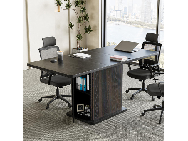 Extendable Black Conference Table for 4-6 People, 47-65Inch Modern Rectangle Meeting Room Table with Fluted Doors, Wood Storage, Small Compact,...