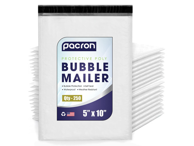 Waterproof Self-Seal Padded Poly Bubble Mailers 5x10, 250-Pack Ideal for jewelry, cosmetics, SD cards, USB cables & accessories. Tear-resistant,...
