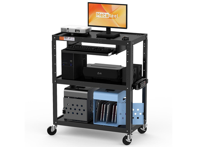 Extra-Large 3-Tier Utility Cart with Built-in Power Strip Heavy-Duty 14-Gauge Steel Rolling Cart for Office, Workshop, or Classroom 300 Lb...