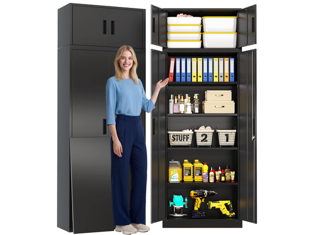 Metal Storage Cabinet, 87 inch Tall Large Locking Cabinet with Top Cabinet, Garage Storage Cabinet with 4 Adjustable Shelves for Home Office,...