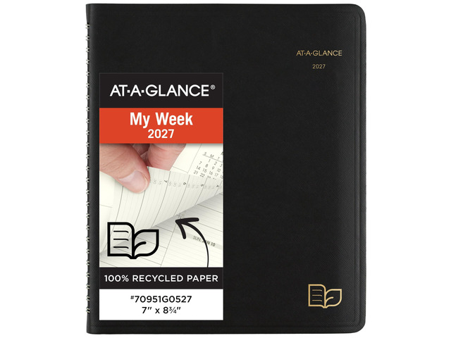 2027 Appointment Book Planner, Weekly & Monthly, 7' x 8.75', Quarter-Hourly, Recycled, Black (70951G0527)
