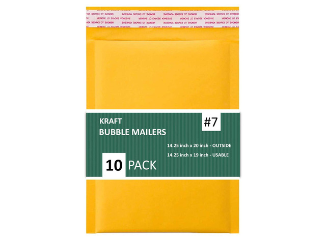 Kraft #7 Bubble Mailers, Self-Seal, Waterproof & Cushioned Padded Envelopes for Shipping, 14.25 x 20 in (10 Pack, Gold)KBM7-10