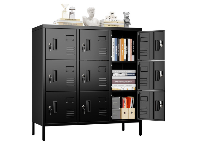 9-Door Metal Locker for Employees with Keyed Compartments 15.79'D x 35.51'W x 37.8'H; 9 vented compartments with card slots, 18 keys and...
