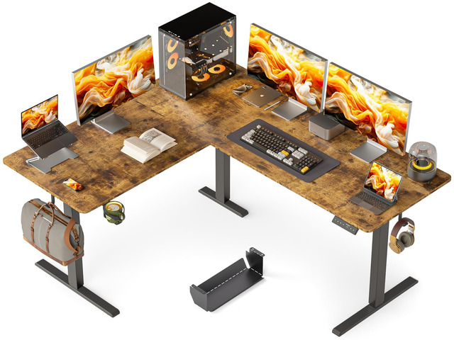 63X55 Inches Reversible L Shaped Standing Desk Height Adjustable with Cup Holder, Electric Corner Computer Desk, Sit Stand up Home Office Desk,...