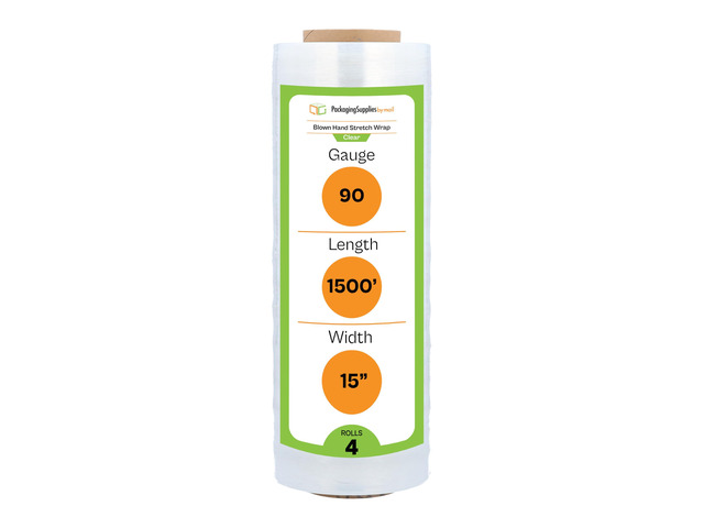 PSBM Blown Hand Stretch Wrap/Shrink Film 15' x 1500 feet 90 Gauge 4 Rolls Clear Blown Stretch Wrap Heavy Duty Plastic Industrial Strength Film...