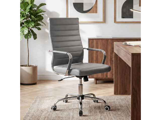 Ergonomic Office Desk Chair, Modern PU Leather Conference Room Chairs Ribbed, High Back Executive Swivel Rolling Chair for Home, Office