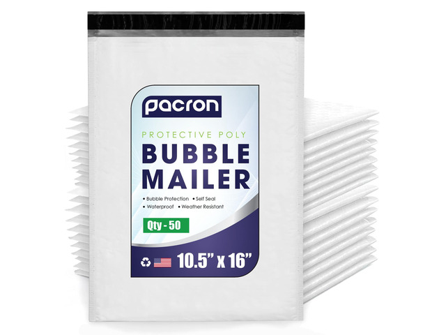 Waterproof Self-Seal Padded Poly Bubble Mailers 10.5x16, 50-Pack Ideal for clothing, bulky goods & multiple items. Lightweight, tear-resistant,...