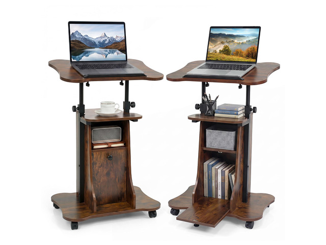 Mobile Podium Stand, Height Adjustable Laptop Computer Cart w/Tilting Top, Storage Cabinet & Lockable Wheels, Church Classroom Lecture,...