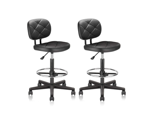 Tall Drafting Rolling Stool Chair with Low Back Support and Adjustable Foot Rest Ring Set of 2 PU Leather Vinly Wide Seat Swivel Standing Desk...