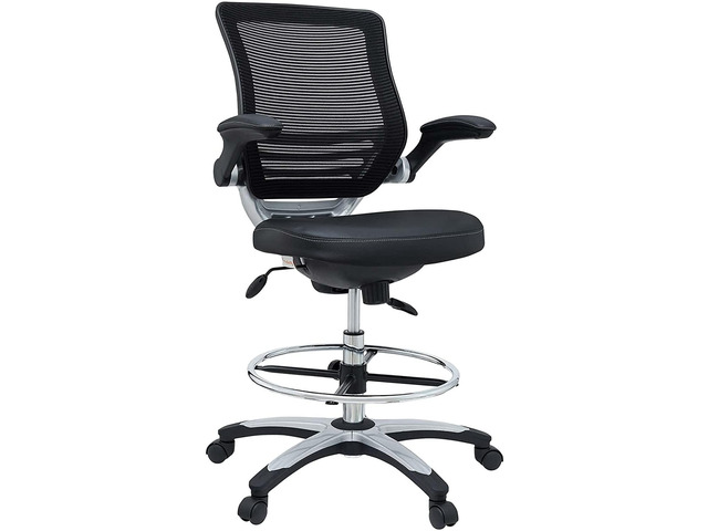 MO-EEI-211-BLK Edge Vinyl Seat and Mesh Back with Flip-Up Arm - Reception Desk Chair, Drafting, Black, Drafting Chair