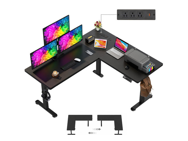 63x55 Inch L Shaped Standing Desk with Outlets, Electric Adjustable Height Stand Up Desk, Corner sit Stand Desk with Mouse Pad, Hook, Home Office...
