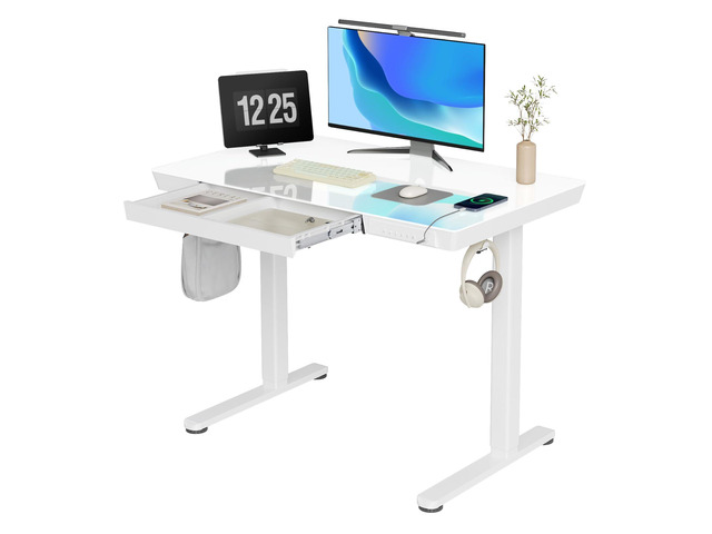 Glass Standing Desk with Drawers & USB Ports 40x24 Inch, White 3 Steps Quick Install, 2 Zones Drawer, USB Ports, Ultra White One-Piece Glass Top,...