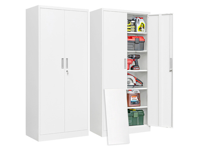 Metal Garage Storage Cabinet with Locking Doors and 5 Adjustable Shelves, White Tall Storage Cabinets, Tool File Lockable Cabinet for Garage Office...