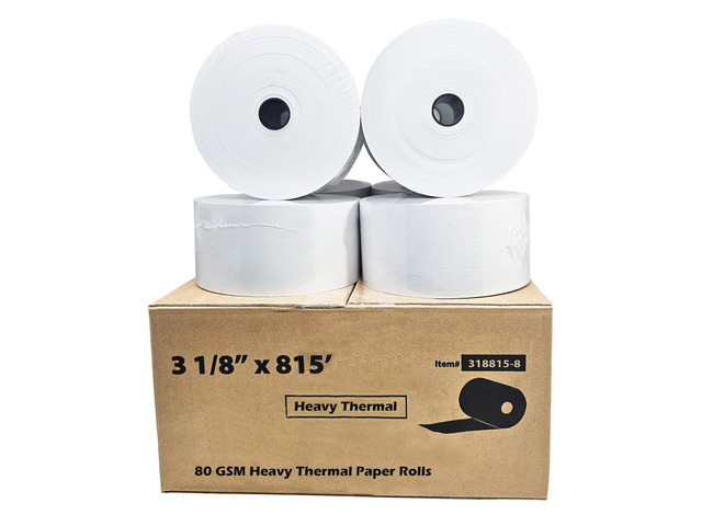 (8 Rolls - 1 Case) 3 1/8' x 815' heavy thermal paper 8 rolls - nautilus hyosung halo - 75 GSM ATM Special Thermal Paper Rolls