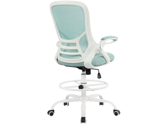 Drafting Chair Tiffany Blue, Tall Office Chair Standing Desk Stool with Adjustable Height, Foot Ring, Flip-Up Arms, Mesh High-Back Office Chair, White