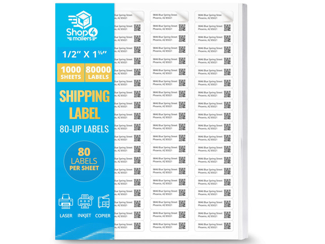 80000 Count (1000 Sheets) 80-Up 1/2 x 1 3/4 Address Labels 80 Labels Per Page White Matte Permanent Self Adhesive Mailing Labels 0.5x1.75 Easy...
