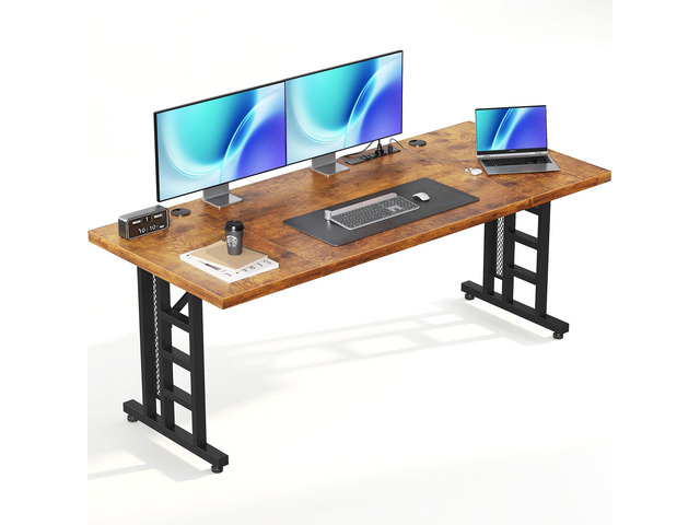 78 Inch Executive Computer Desk with Outlets, Rustic Brown Office Table with 3-Piece Thick Board, Outlets And 2 Cable Holes For Home Office,...