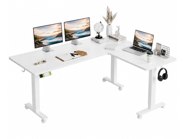L-Shaped Electric Standing Desk Dual Motor 63 x 55 Inch White Splice board for home office, heavy-duty steel frame, quiet lift mechanism, left or...
