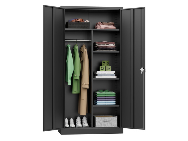 Metal Wardrobe Closet, 72' Black Locking Storage Wardrobe Cabinet with Locking Doors and Adjustable Shelves, 18' D x 36' W Tall Steel Clothes...