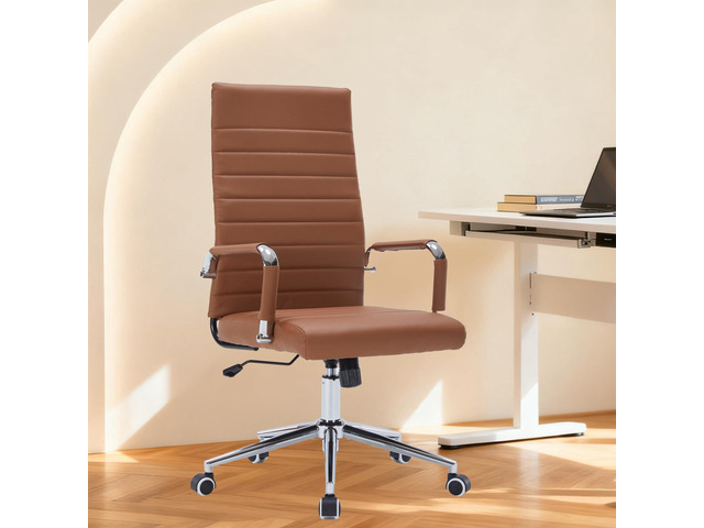 Desk Chair, Executive Office Chair with Arms, High Back, Brown Faux Leather, Adjust Swivel Seat, Chair with Rolling Wheels, for Home Office,...