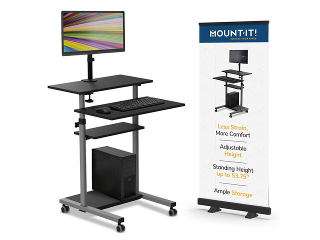 Mobile Computer Cart with Monitor Mount for Screen up to 32', Portable Desk on Wheels, Rolling Laptop Stand Teachers, Office, Classroom, Rise up to...