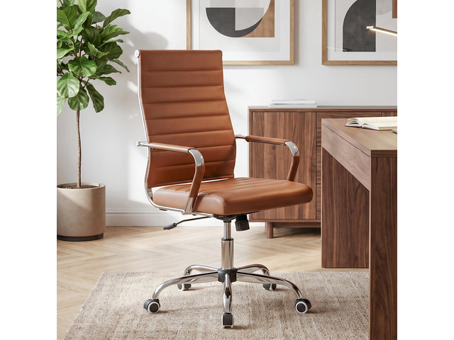 Brown Conference Room Chairs, Modern Ergonomic PU Leather Office Desk Chair Ribbed for Office, High Back Executive Swivel Rolling Task Chair for Home